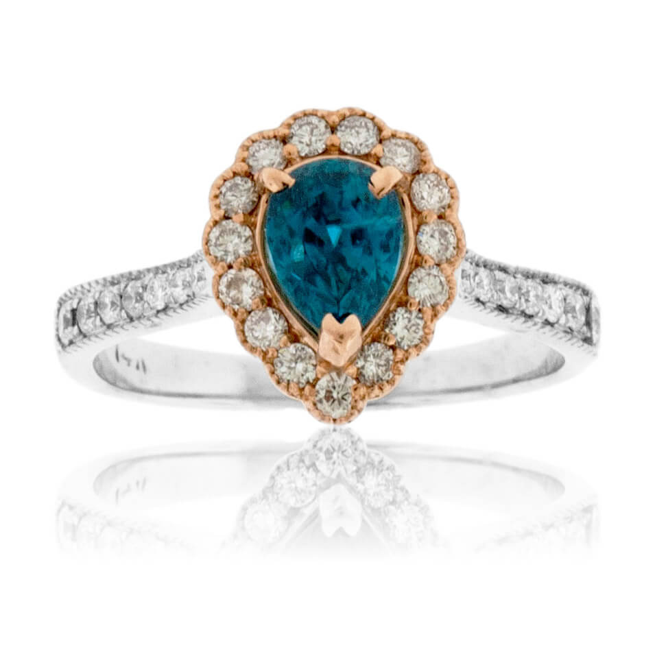Pear Shaped Blue Zircon with Diamond Milgrain Halo Ring - Park City Jewelers