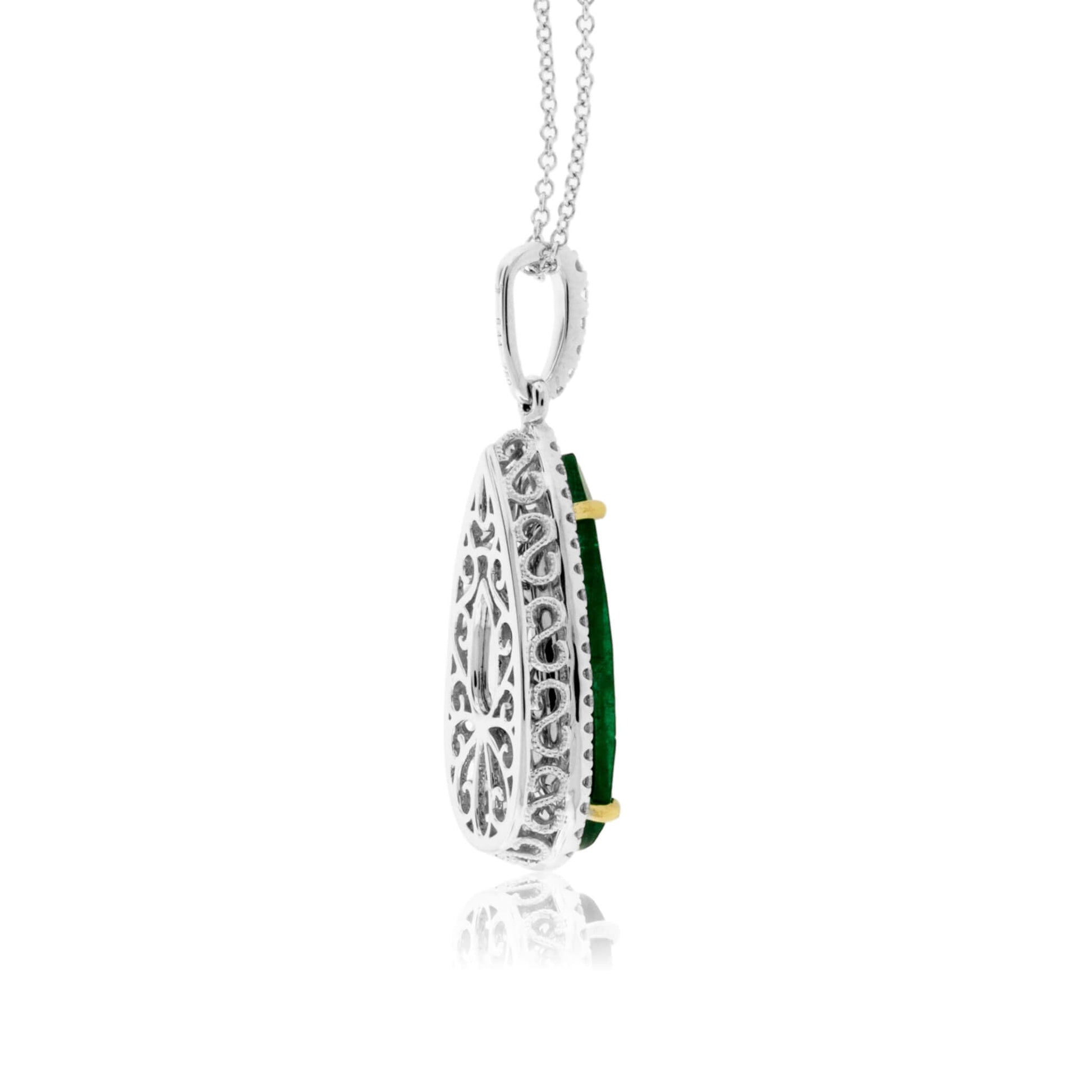 Pear Shaped Dangle Emerald & Diamond Halo Pendant - Park City Jewelers