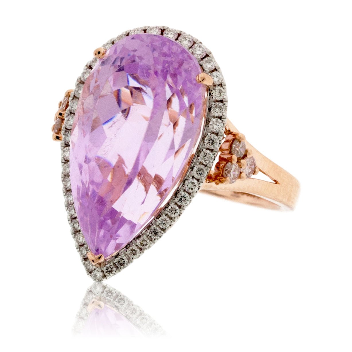 Pear Shaped Kunzite and Diamond Halo Ring in Rose Gold - Park City Jewelers