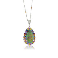 Pear Shaped Opal Cabochon with Sapphire Halo Pendant with Chain - Park City Jewelers