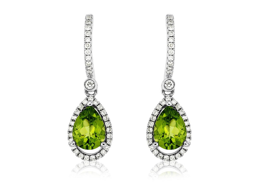 Pear Shaped Peridot & Diamond Halo Drop Earrings - Park City Jewelers