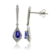 Pear Shaped Tanzanite and Diamond Halo Dangle Earrings - Park City Jewelers