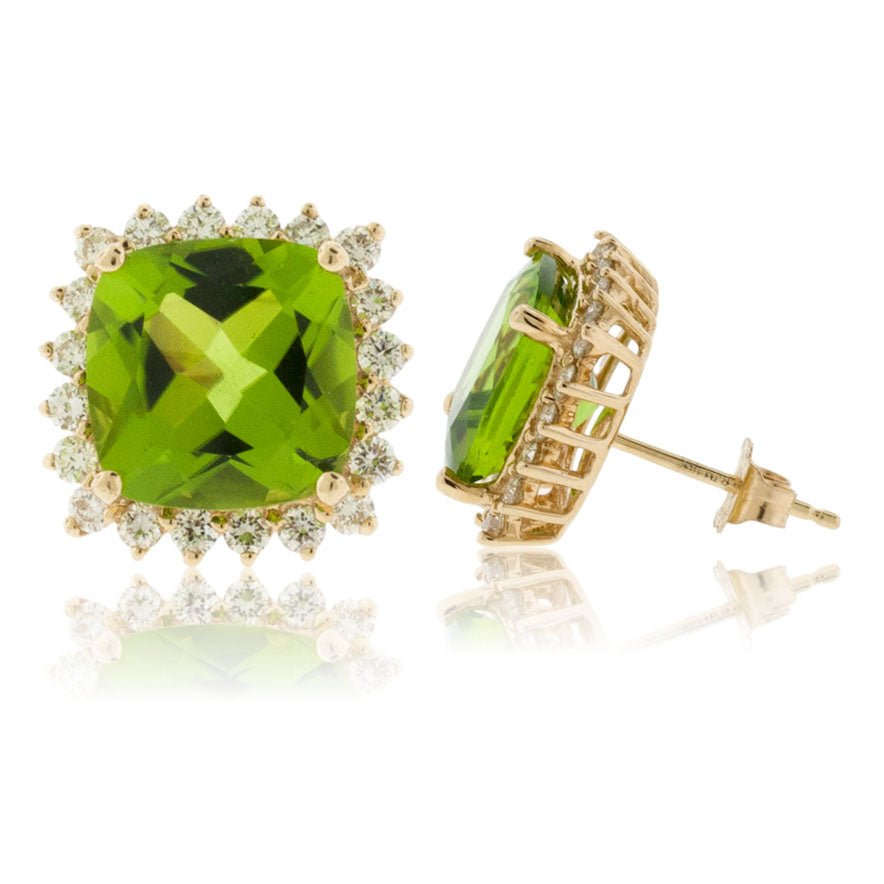 Peridot & Fancy Green Diamond Earrings 14K Yellow Gold