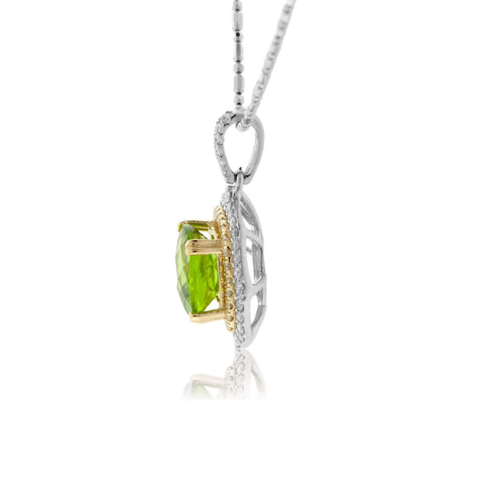 Peridot & Diamond Halo Two Tone Vintage Inspired Pendant - Park City Jewelers