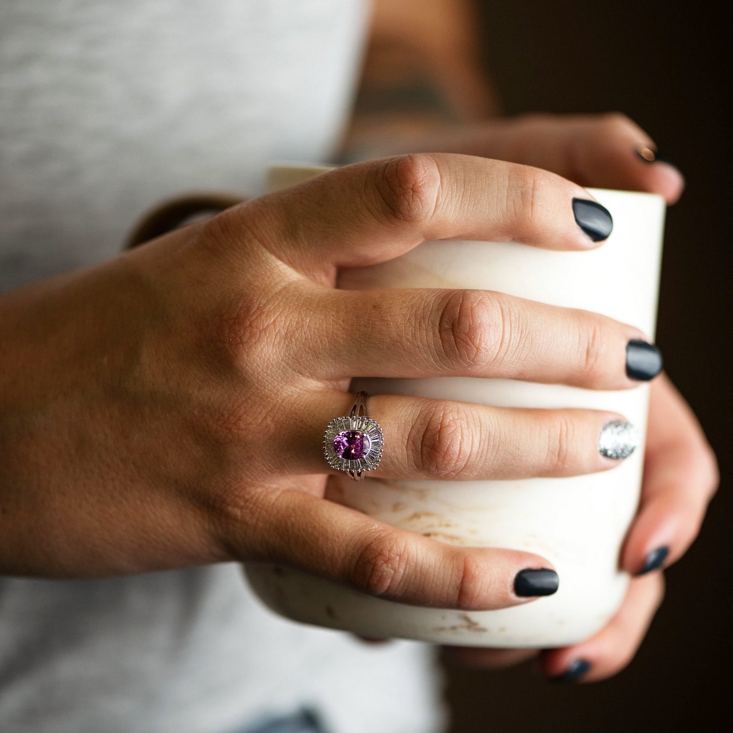 Pink Sapphire with Baguette Diamond Halo Ring - Park City Jewelers