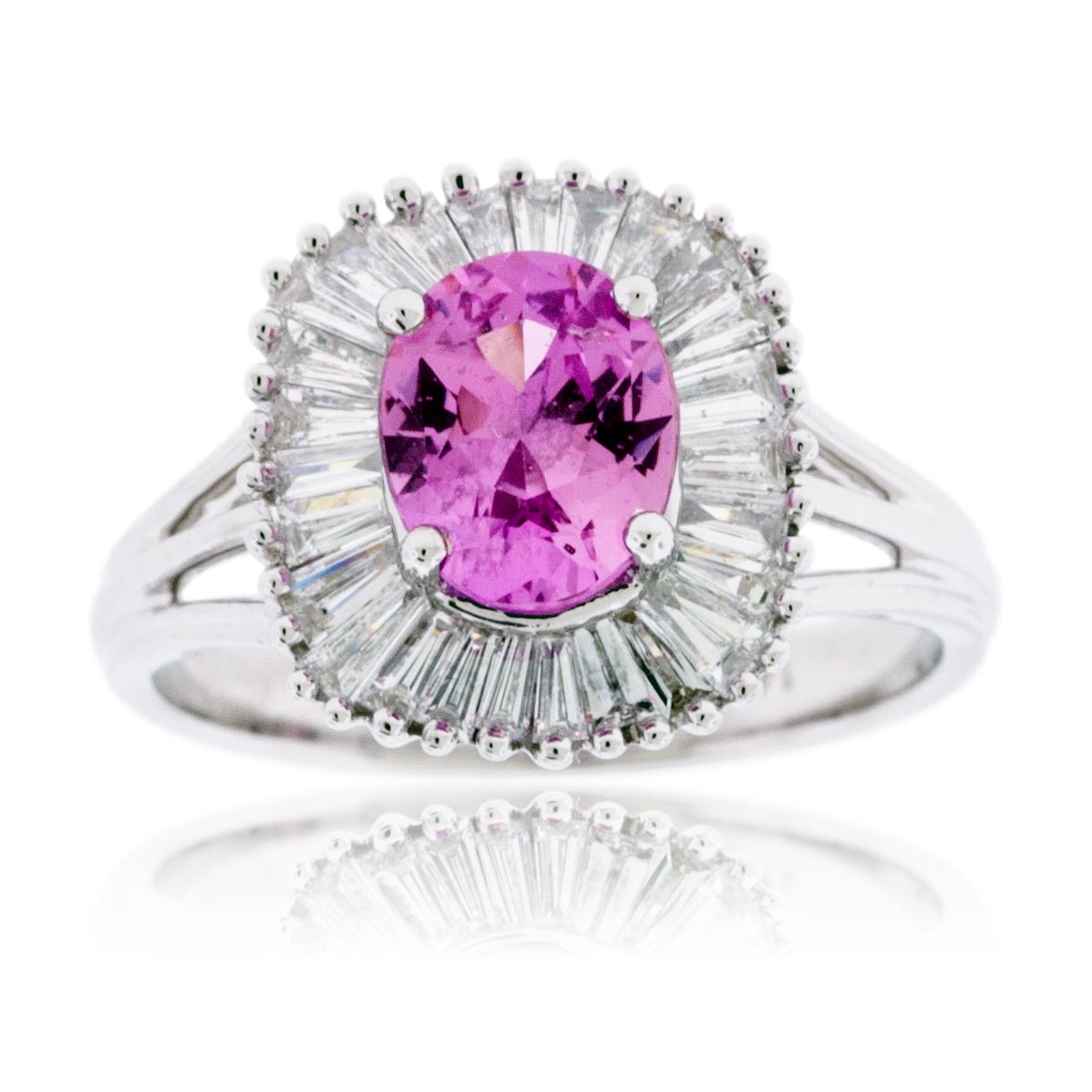 Pink Sapphire with Baguette Diamond Halo Ring - Park City Jewelers