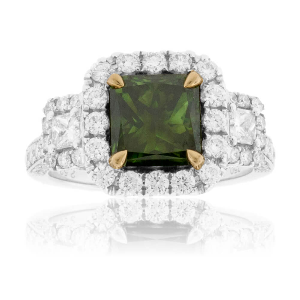 Princess-Cut Green Diamond & Diamond Halo Style Ring - Park City Jewelers