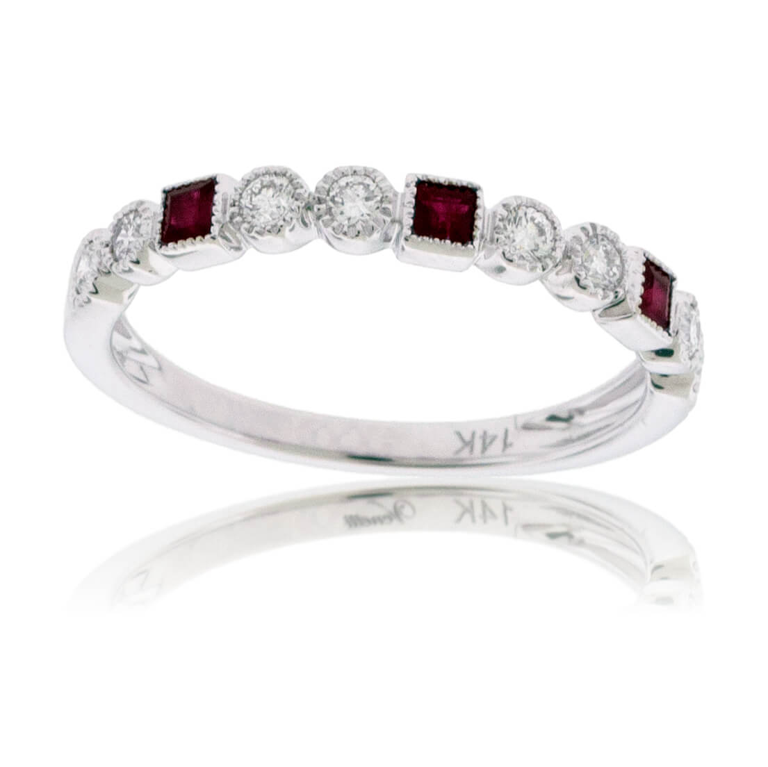Princess Cut Ruby & Round Diamond Milgrain Style Stackable Band - Park City Jewelers