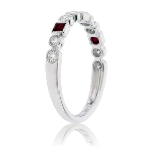 Princess Cut Ruby & Round Diamond Milgrain Style Stackable Band - Park City Jewelers