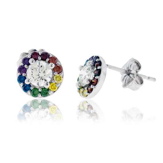 Rainbow Colored Diamond & Diamond Halo Earrings - Park City Jewelers