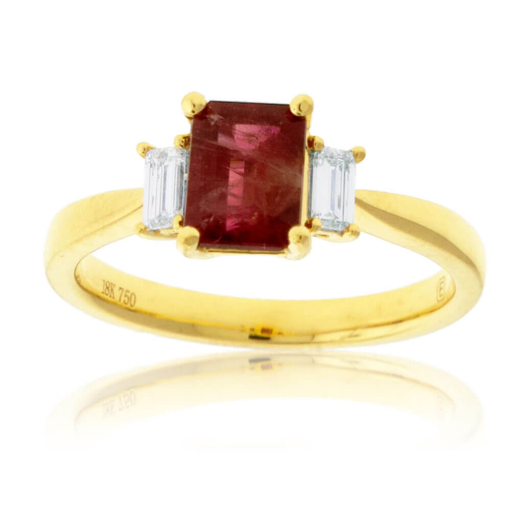 Red Beryl Emerald & Baguette Diamond Yellow Gold Ring - Park City Jewelers