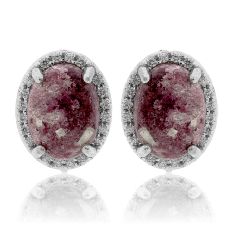 Red Emerald Cabochon & Diamond Halo Slight Drop Earrings - Park City Jewelers