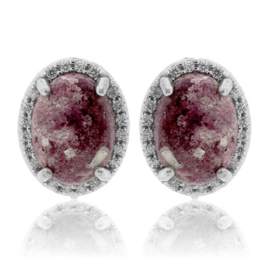 Red Emerald Cabochon & Diamond Halo Slight Drop Earrings - Park City Jewelers