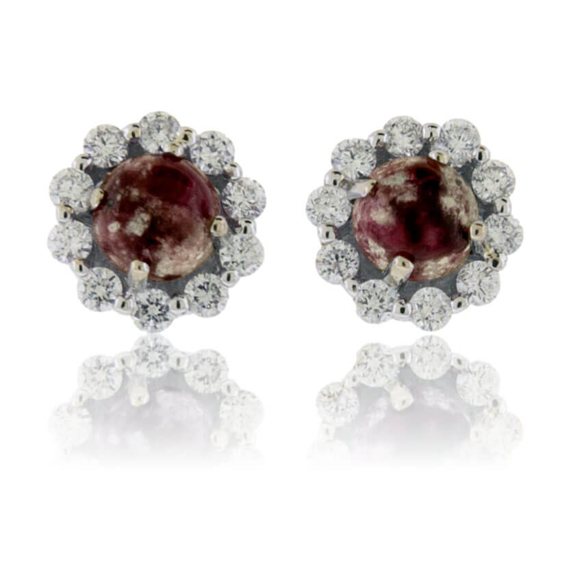 Red Emerald Cabochon with Diamond Halo Earrings - Park City Jewelers