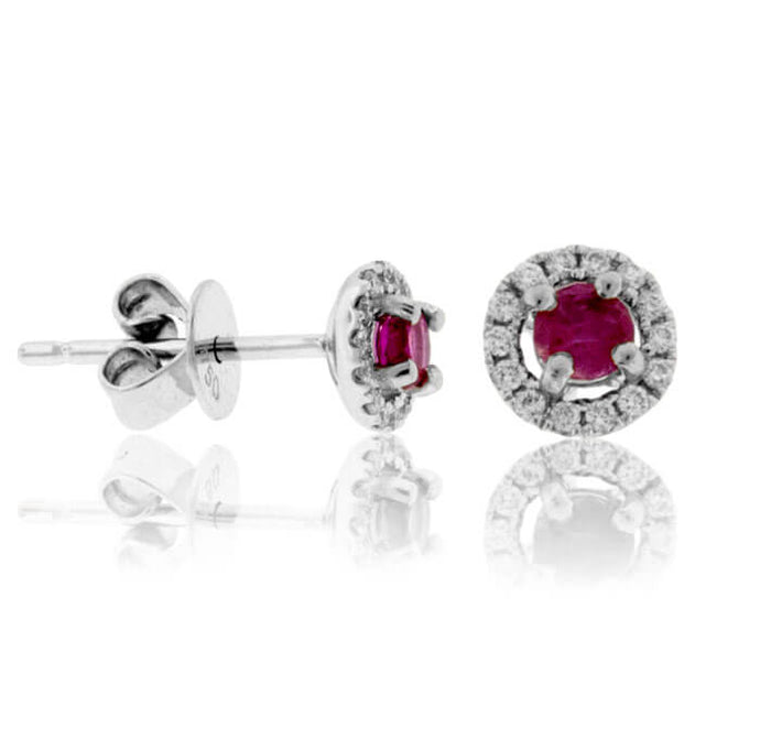 Red Emerald with Diamond Halo Post Earrings - Park City Jewelers
