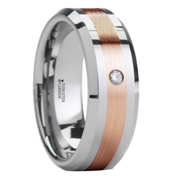 Rose Gold Inlaid Beveled Tungsten Ring with Diamond - Park City Jewelers