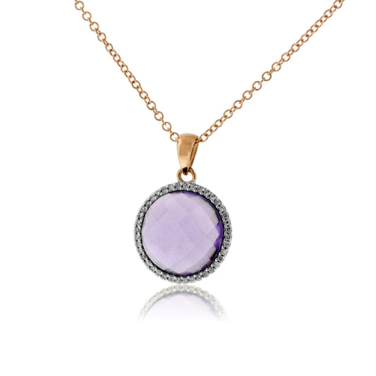 Round Amethyst & Diamond Halo Pendant w/Chain - Park City Jewelers