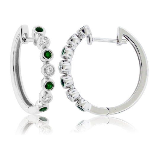 Round Bezel Set Emerald & Diamond Hoop Earrings - Park City Jewelers