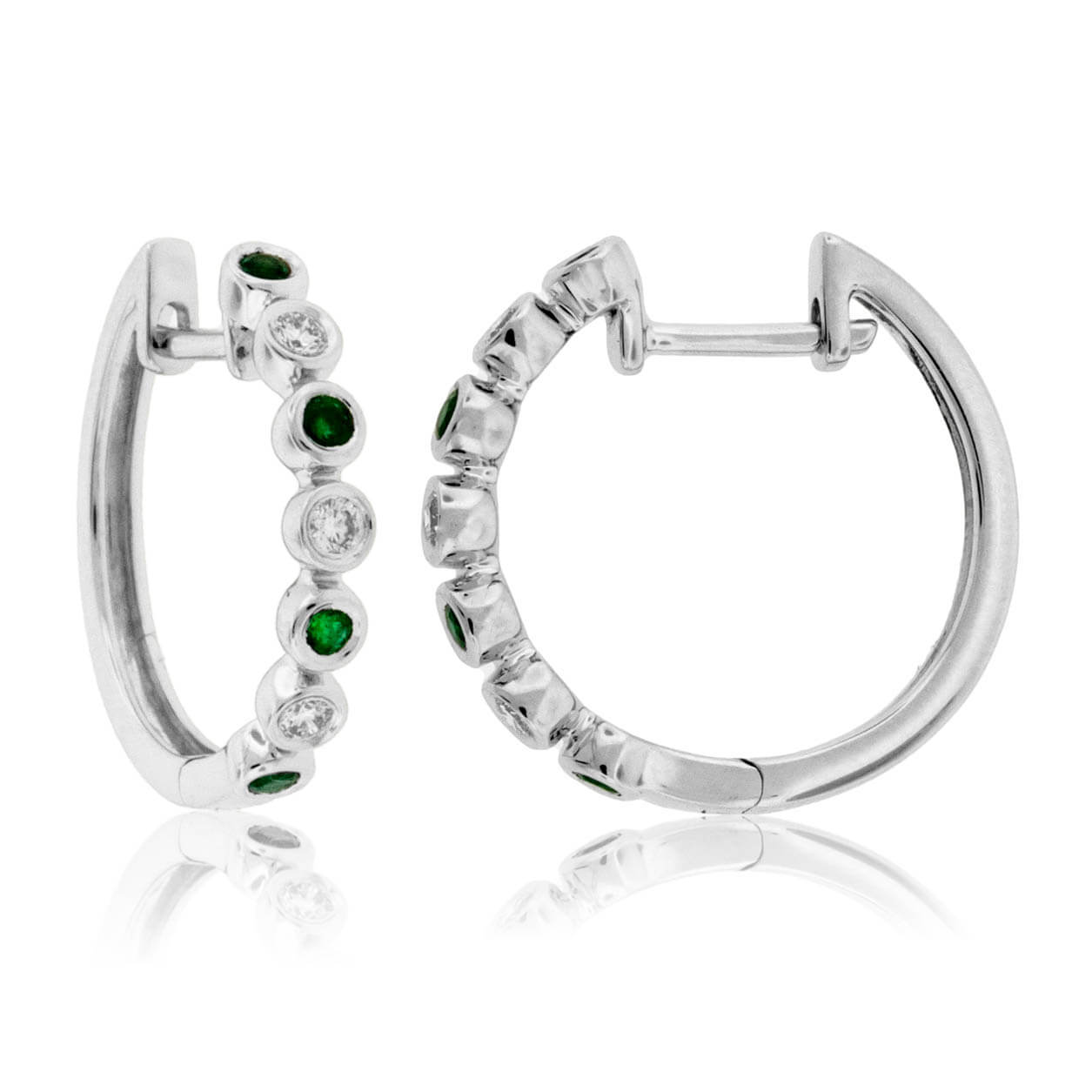 Round Bezel Set Emerald & Diamond Hoop Earrings - Park City Jewelers