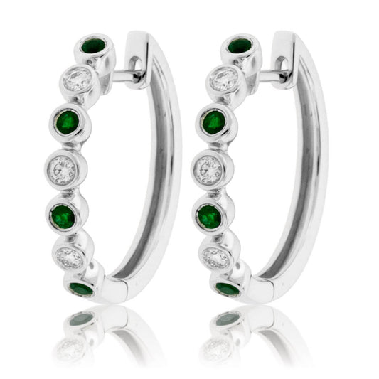 Round Bezel Set Emerald & Diamond Hoop Earrings - Park City Jewelers
