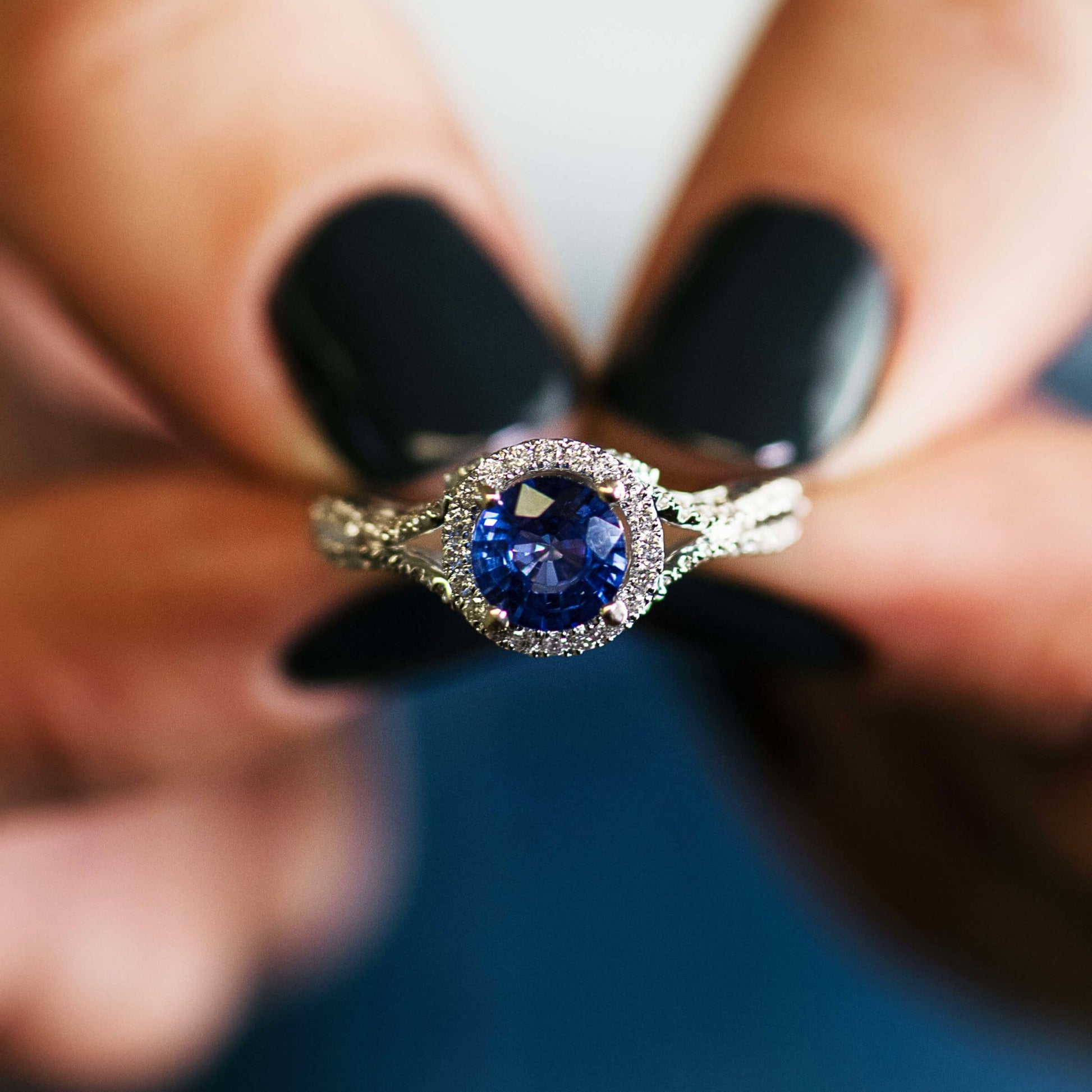 Round Blue Sapphire and Diamond Halo Ring - Park City Jewelers