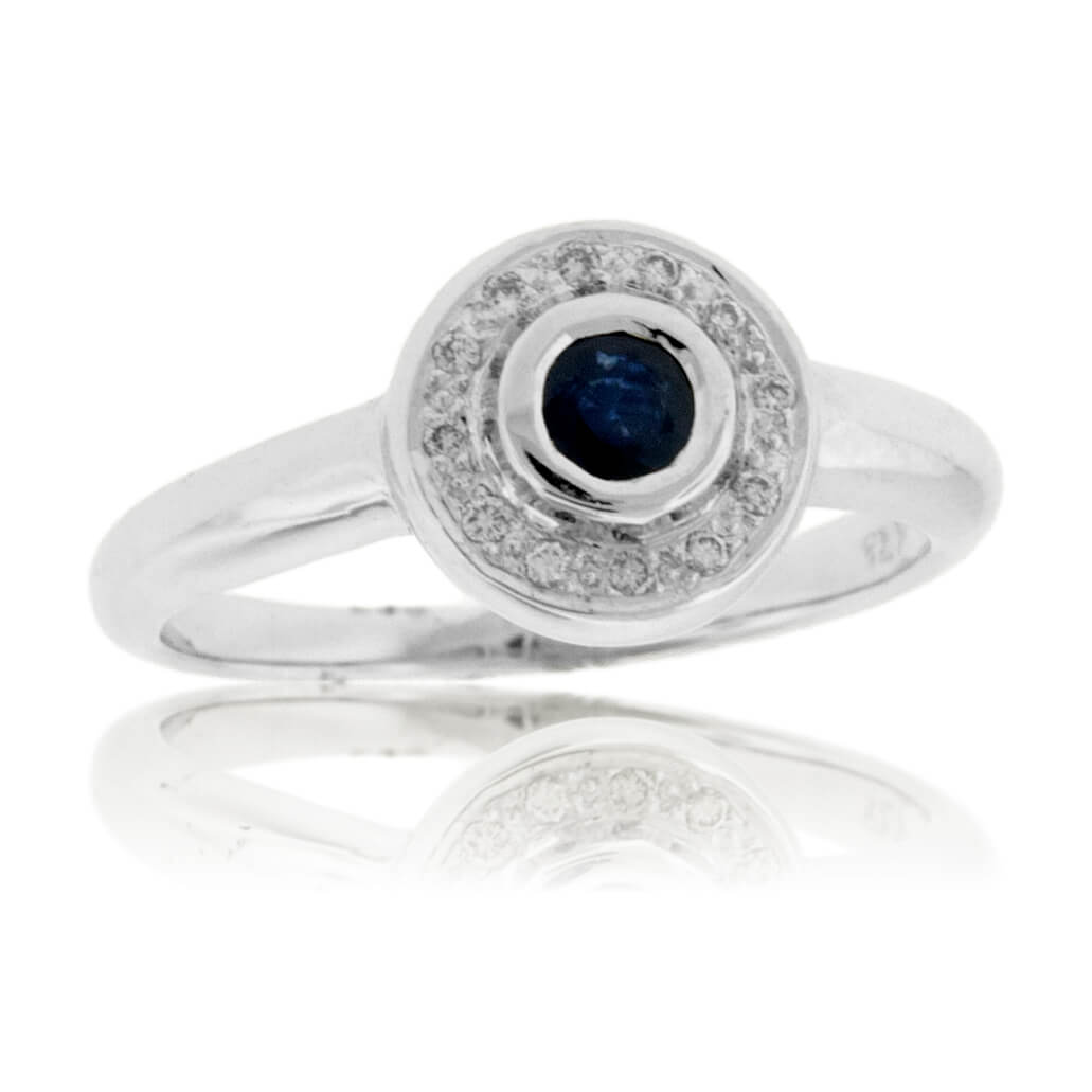 Round Blue Sapphire Diamond Bezel Style Ring - Park City Jewelers