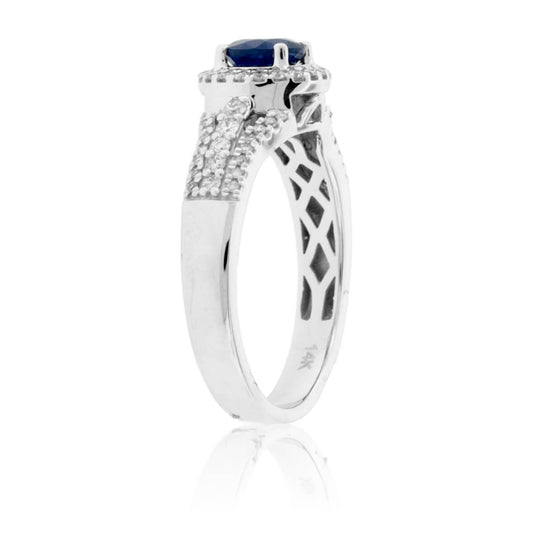 Round Blue Sapphire & Diamond Halo Ring - Park City Jewelers