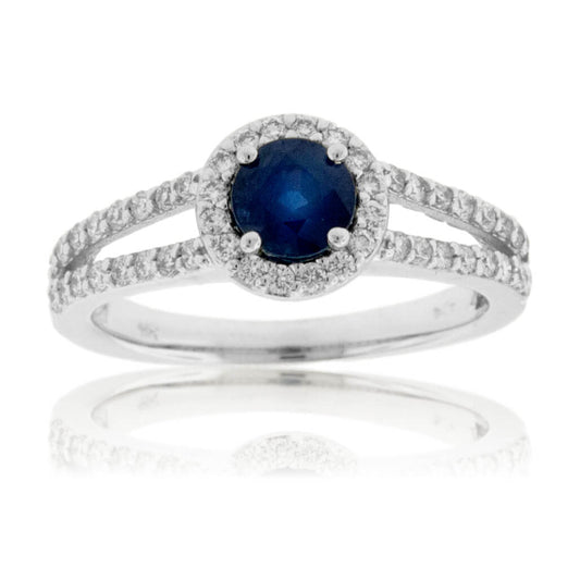 Round Blue Sapphire & Diamond Halo Split Shank Ring - Park City Jewelers