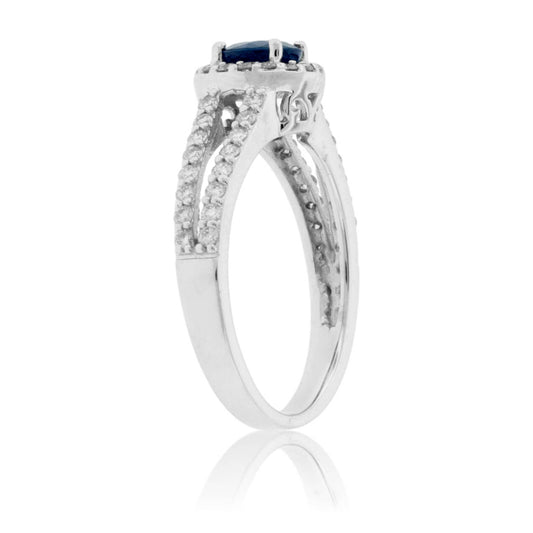 Round Blue Sapphire & Diamond Halo Split Shank Ring - Park City Jewelers