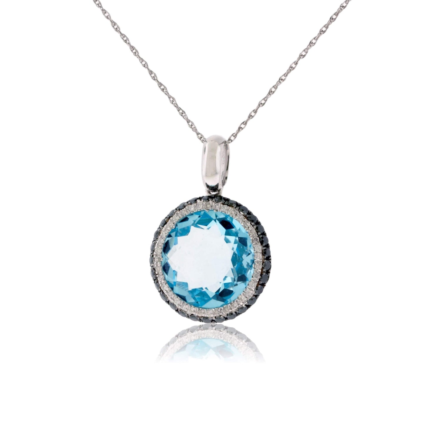 Round Blue Topaz & Diamond & Black Diamond Halo Pendant - Park City Jewelers