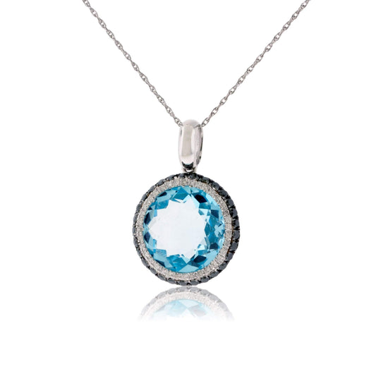 Round Blue Topaz & Diamond & Black Diamond Halo Pendant - Park City Jewelers