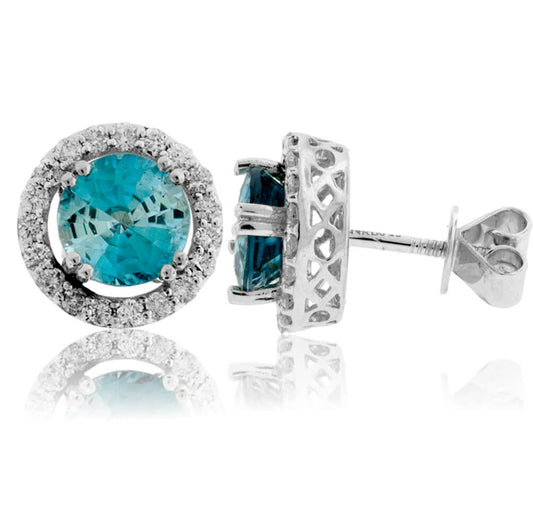 Round Blue Zircon & Diamond Halo Stud Post Earrings - Park City Jewelers