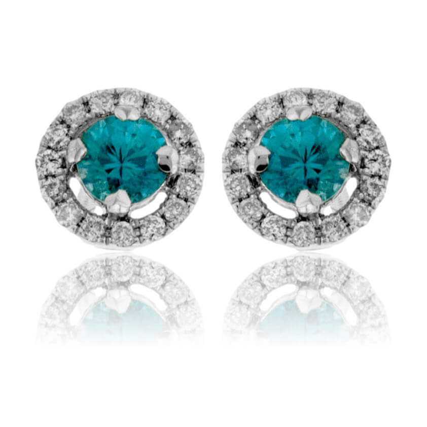 Round Blue Zircon & Diamond Halo Stud Post Earrings - Park City Jewelers