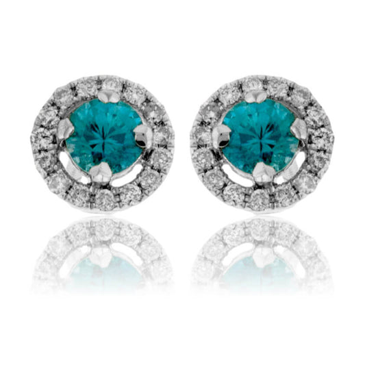Round Blue Zircon & Diamond Halo Stud Post Earrings - Park City Jewelers