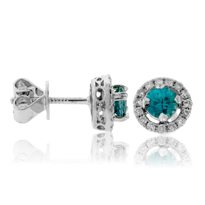 Round Blue Zircon & Diamond Halo Stud Post Earrings - Park City Jewelers