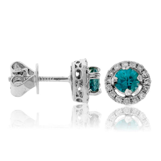Round Blue Zircon & Diamond Halo Stud Post Earrings - Park City Jewelers