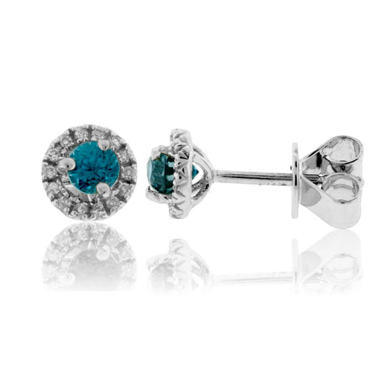 Round Blue Zircon & Diamond Halo Stud Post Earrings - Park City Jewelers