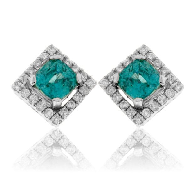 Round Blue Zircon & Diamond Square Halo Stud Post Earrings - Park City Jewelers