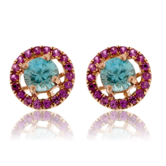Round Blue Zircon & Pink Sapphire Halo Post Earrings - Park City Jewelers