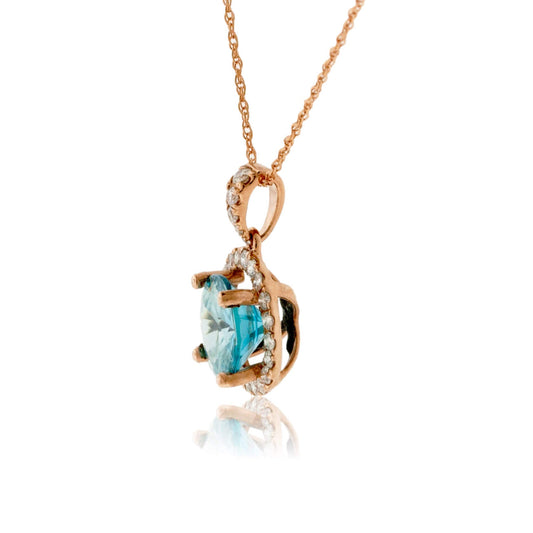 Round Blue Zircon with Diamond Halo Pendant - Park City Jewelers