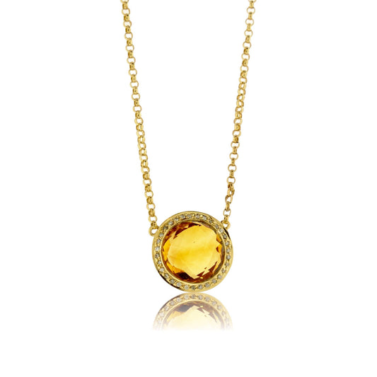 Round Checkerboard Citrine & Diamond Halo Pendant w/Chain - Park City Jewelers