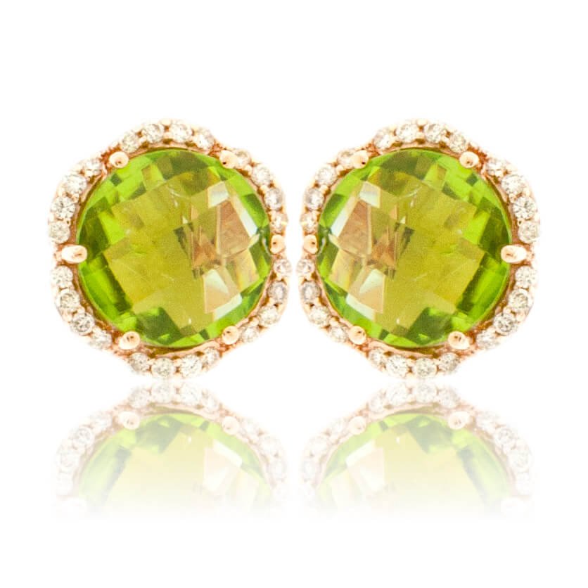 Round Checkerboard Peridot and Diamond Stud Halo Earrings - Park City Jewelers