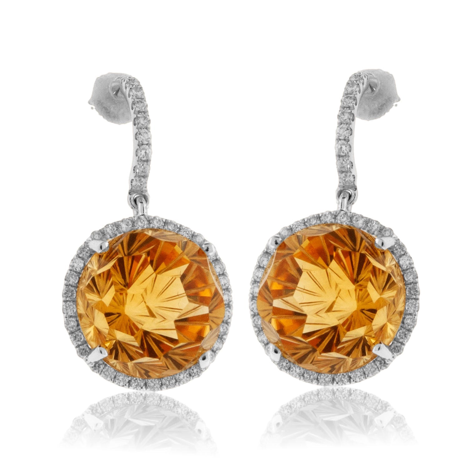 Round Daisy Cut Citrine Dangle Earrings with Diamond Halo - Park City Jewelers