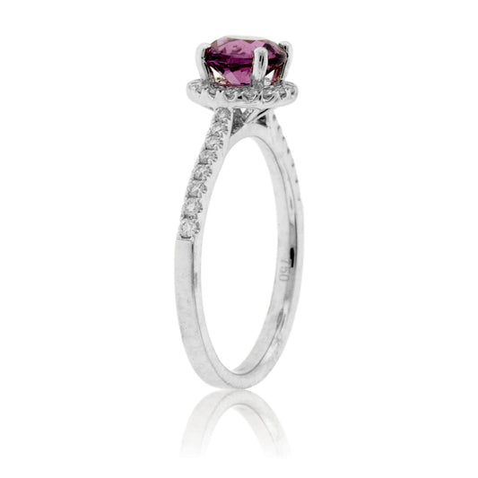 Round Garnet & Diamond Halo & Diamond Lined Shank Ring - Park City Jewelers