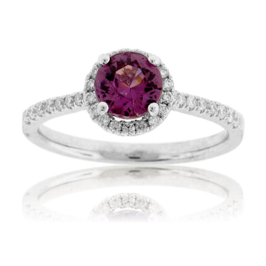 Round Garnet & Diamond Halo & Diamond Lined Shank Ring - Park City Jewelers