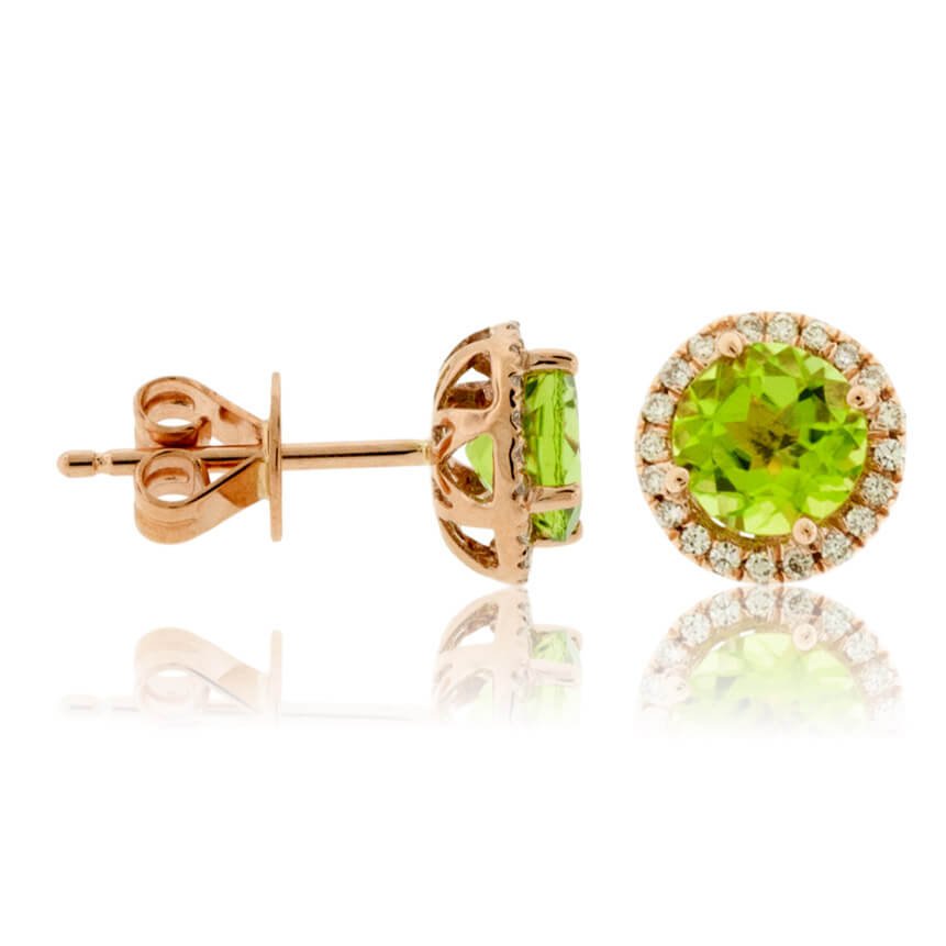 Round Peridot and Diamond Stud Halo Earrings - Park City Jewelers