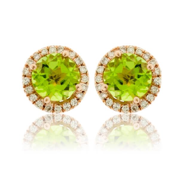 Round Peridot and Diamond Stud Halo Earrings - Park City Jewelers
