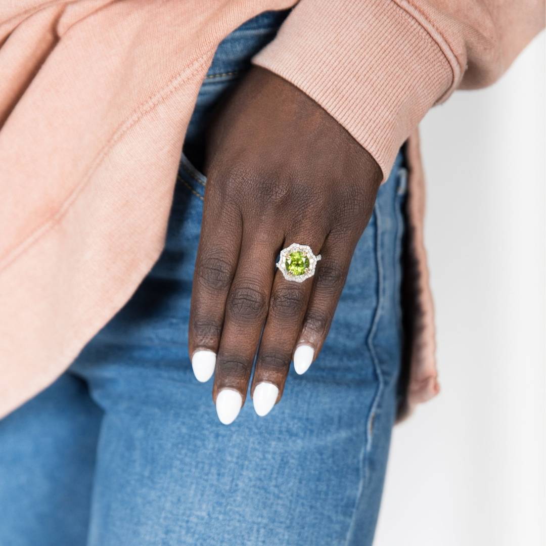 Round Peridot & Double Diamond Halo Intricate Style Ring - Park City Jewelers