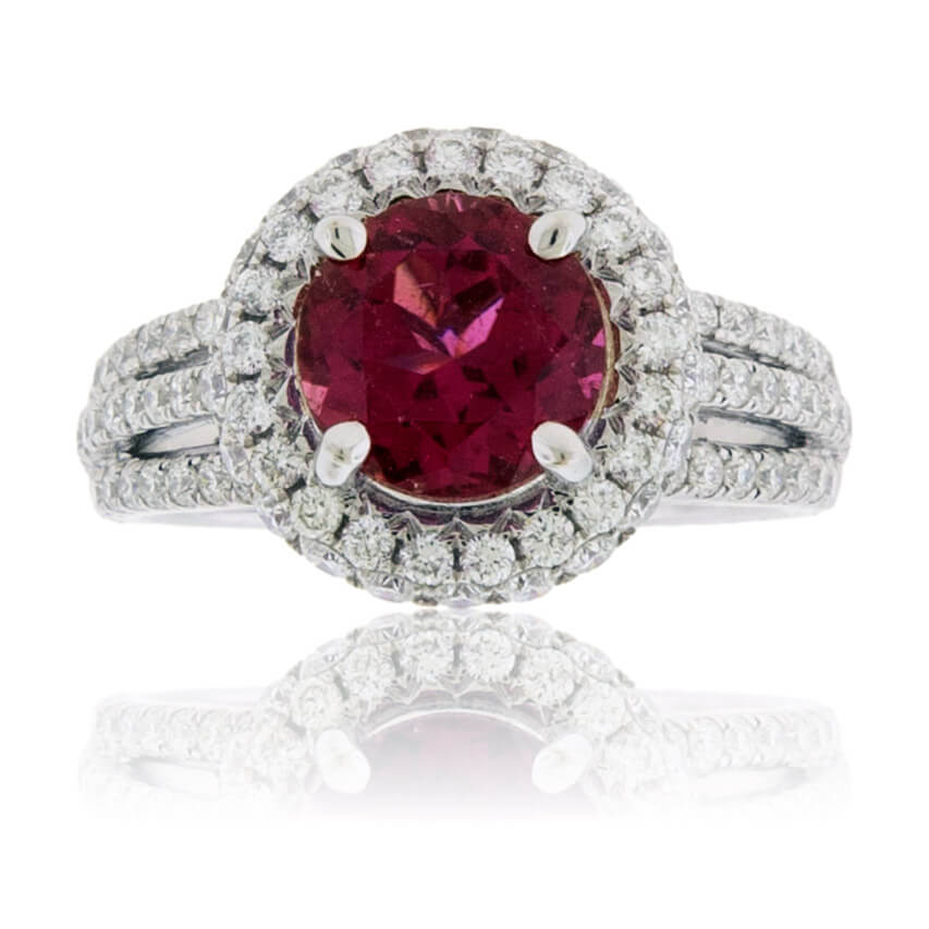 Round Pink Tourmaline Rubelite and Diamond Halo Ring - Park City Jewelers