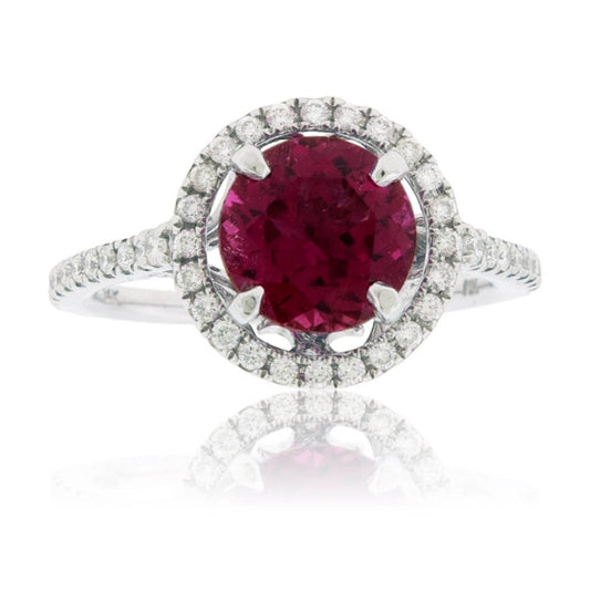 Round Pink Tourmaline Rubelite and Diamond Halo Ring - Park City Jewelers